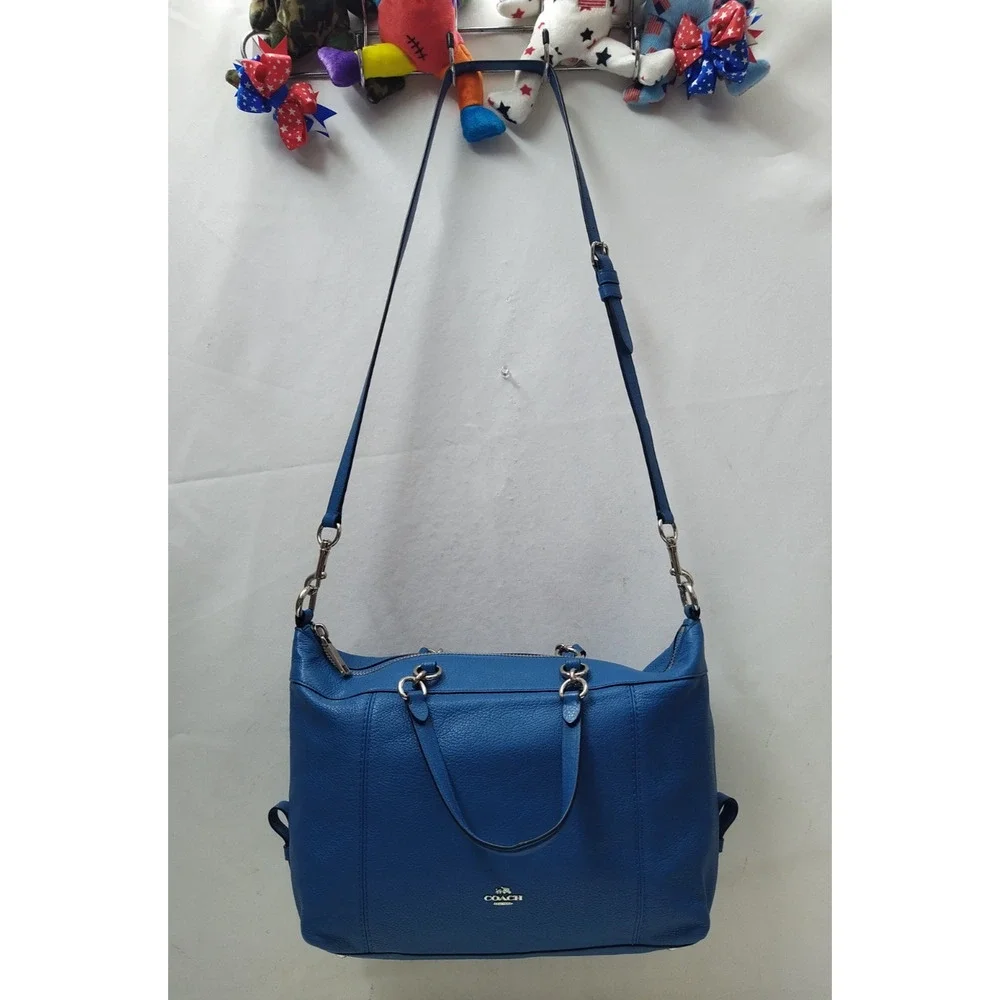 Coach Blue Leather Double Handles Zipper Closure Satchel Shoulder Bag